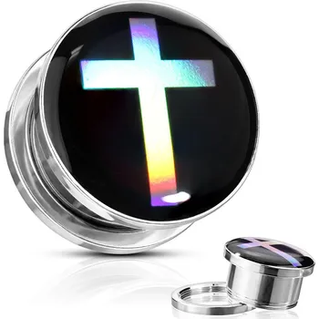 Piercing Šperky4U Ocelový plug s křížem, průměr 10 mm - PL01256-10