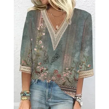 Vzorovaná halenka s výstřihem do V Barva: Zelená, Velikost: 5XL