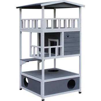 Kočičí domeček s balkonem 78x76x140 cm | šedý