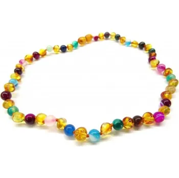 Náhrdelník Prosperk Jantarové korálky pro větší děti - jantar a mnohobarevný achát 38cm S2500