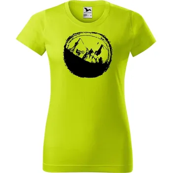 Dámské oblečení DOBRÝ TRIKO Dámské tričko s potiskem Hory a kolo Barva: Limetková, Velikost: XL