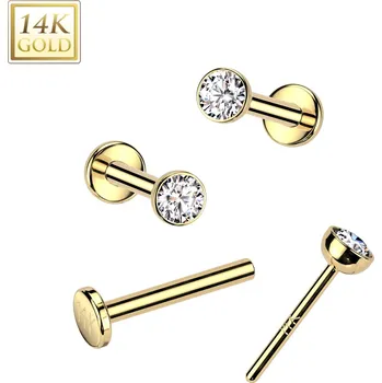 Piercing Atreya Bezzávitová labreta ze 14kt zlata CZ zirkon, AU 585/1000 Velikost: 0,8 mm, Velikost koncovky: 2 mm, Délka / Průměr: 7 mm