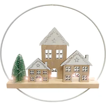 Vánoční dekorace Dřevěné LED domečky v kruhu - závěs - 29 cm