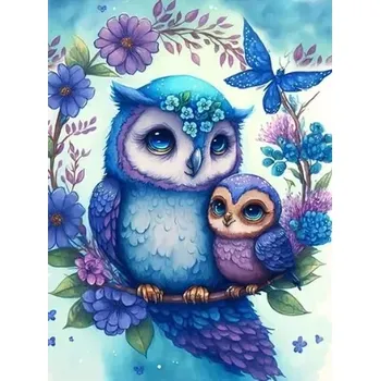 Diamantové malování Diamantové malování/Homfun - Sovičky a modré květy + třpytivé kamínky