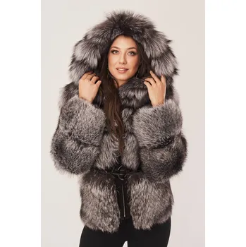 Dámský kožich Dámská kožešina z pravé stříbrné lišky so širokou kapucí (Indywidualny)