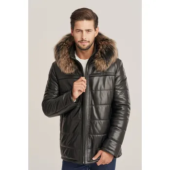 Pánská casual bunda Pánská černá zimní kožená bunda s kapucí (Indywidualny)