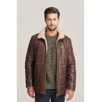 Pánský zimní kabát Pánská zimní kožená bunda hnědá s kapucí (L - 52)