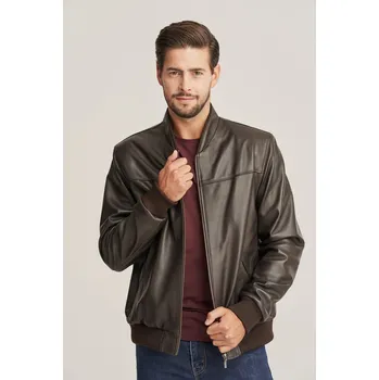 Pánský bomber Hnědá kožená bomber bunda pro muže (M - 48)