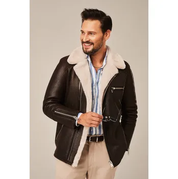 Pánský zimní kabát Pánský hnědý zimní kabát s bílou kožešinou (L - 54)