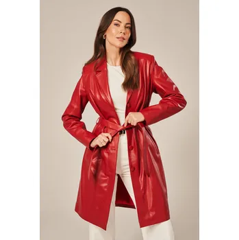 Dámský kabát Dámský červený kožený kabát (XXL - 46)