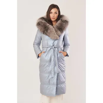 Dámský kabát Dámský dlouhý péřový kabát s kapucí v odstínu perleťově modré (L - 40)