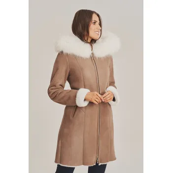 Dámský kožich s kapuci v odstínu cappuccino (XXL - 46)