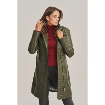 Dámský kožený plášť olivově zelené barvy (XL - 44)