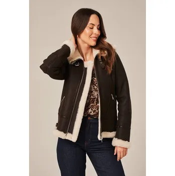 Dámský kabát Dámský hnědý krátký kabát s kapucí (XXXL - 48)