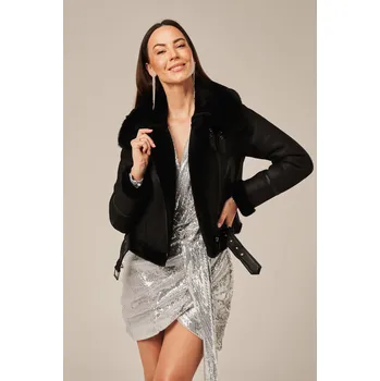 Dámský kabát Dámský krátký zimní kožich, černý (XL - 44)