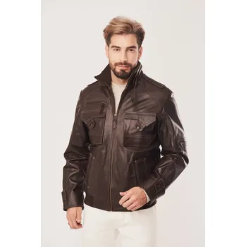 Pánská casual bunda Pánská hnědá kožená pilotní bunda na zip, Top Gun (M - 50)