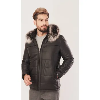 Pánská casual bunda Pánska zateplená kožená bunda s kapucňou černá (XXL - 60)