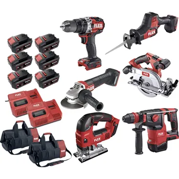 DOUBLE FLEX PACK Akční Sada Nářadí č.601, vrtací kladivo 2,6J , okružní pila 62mm, pila ocaska, aku vrtačka 158Nm s příklepem, úhlová bruska 125mm, přímočará pila