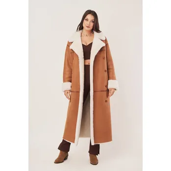 Dámský kabát Oversize dámský dlouhý kabát ve světle hnědé barvě - Zimní dlouhý dámsky dubeňák (XXL - 46)