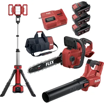 FLEX PACK Akční Sada Nářadí č.10, Řetězová pila + fukar na listí + svítilna se stativem 3x 5.0Ah + příslušenství