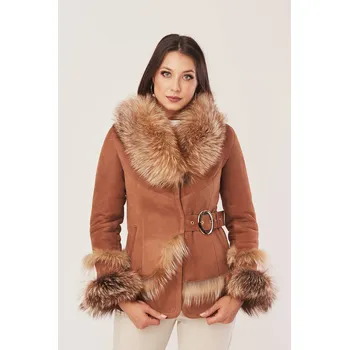 Dámský kožich Dámská zimní kožich z pravé jehněčí kůže v kombinaci s pravou liščí kožešinou (XL - 42)