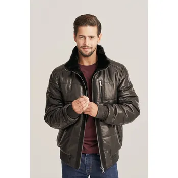 Pánský zimní kabát Pánská zimní kožená bunda s kapucí (XL - 56)