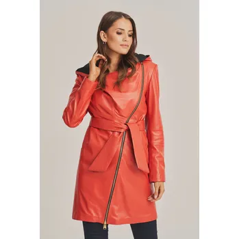 Dámský kabát Dámský kožený plášť v krásném korálovém odstínu s kapucí (M - 38)