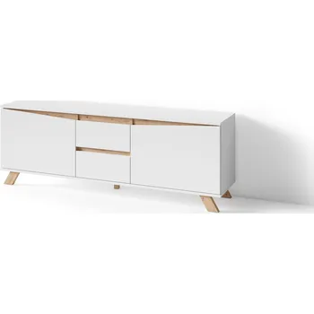 Televizní stolek byLIVING TV stolek Valentin, šířka 160 cm, TV skříňka matná bílá, aplikace v dubovém vzhledu | Valentin 160 CM