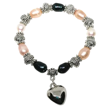 Náramek Luxusní náramek z říčních perel třech barev se srdíčkem (s přívěskem z chir. oceli)