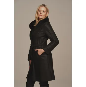 Dámský kabát Zimní dámský černý kožený kabát s kapucí - Kožich pravý (XXL - 46)