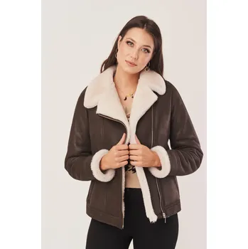 Dámský kabát Čokoládově-hnědý zimní dámský kabát - Kožich dámský (XXXL - 48)