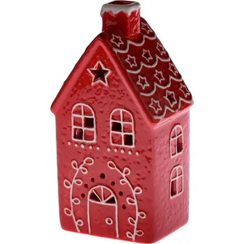Vánoční dekorace Keramický domek s LED, 11,4 x 20,5 x 9,1 cm, červený perník, červená