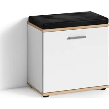 byLIVING Lavice Jakob v bílé barvě s černým koženkovým sedákem, s jedněmi dvířky, dubovou deskou a podstavcem |