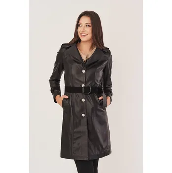 Dámský kabát Dámský kožený plášť v černé barvě (XL - 44)