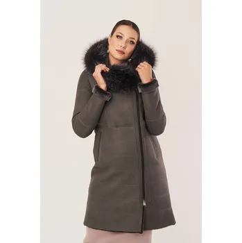 Dámský kabát Dámský zimní kabát s kapucí v šedé barvě - Dámský kožich (S - 36)