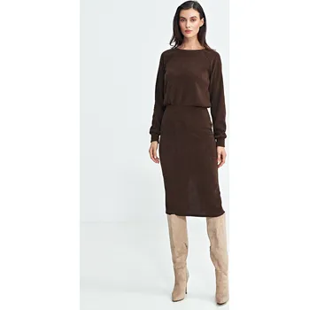 Dámské šaty Žebrované úpletové šaty s dlouhým rukávem S260 Barva: Hnědá, Velikost: S