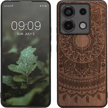 Pouzdro na mobilní telefon Dřevěné pouzdro KWmobile - Xiaomi Redmi Note 13 Pro 5G / Poco X6 5G Indian sun (Pouzdro na mobil Xiaomi Redmi Note 13 Pro 5G / Poco X6 5G z přírodního dřeva s ornamentem + silikonová vanička - Indian sun)