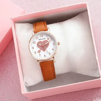 Hodinky Stylové dětské hodinky se srdcovým ciferníkem - Hnědá