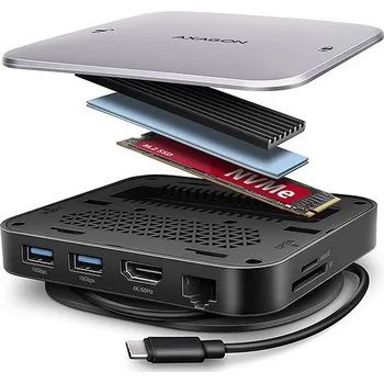 Notebook AXAGON HMC-UFO, USB 10Gbps hub, 2x USB-A, USB-C, HDMI 4k/60, RJ-45, M.2 slot, SD/mSD, audio, PD