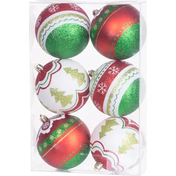 Vánoční dekorace Gule MagicHome Vianoce, 6 ks, červeno - zelené, s dekoráciou, na vianočný stromček, 8 cm