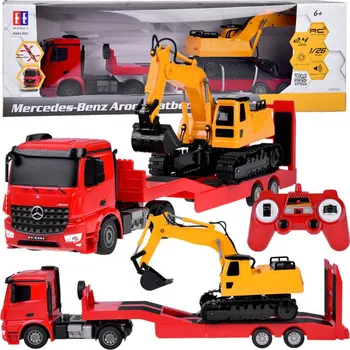 RC model auta Double Eagle Mercedes-Benz Arocs E663-003 nákladní auto s odtahovkou a bagrem 1:26 červené
