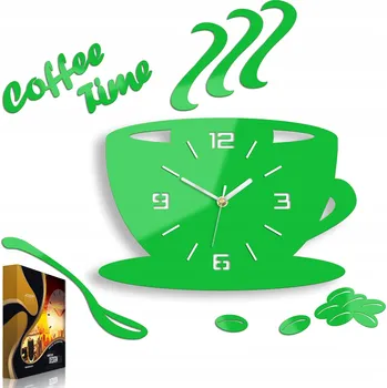 Hodiny Nástěnné hodiny ve tvaru šálku Coffe Time 3D zelené Kulatý Quartzové