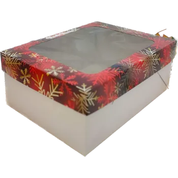 Dárková krabička Vánoční krabička červená se zlatými vločkami s průhledným okénkem na 3 kg cukroví 38x28x15 cm