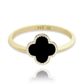 Prsten MINET Pozlacený stříbrný prsten čtyřlístek s onyxem vel. 60 Velikost prstenu: 60