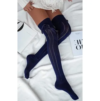 Dámské ponožky DOVOZ EU Dámské bavlněné nadkolenky s copánky a stuhou námořnické modré Velikost: 37/41
