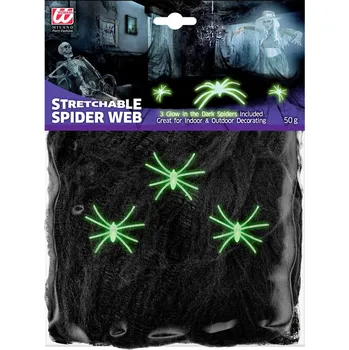 Karnevalový doplněk Černá pavučina se svítícími pavouky, 50g