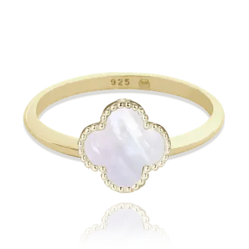 Prsten MINET Pozlacený stříbrný prsten čtyřlístek s bílou perletí vel. 60 Velikost prstenu: 60