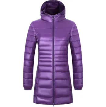 Dámská zimní/podzimní prošívaná bunda s kapucí plněná kachním peřím Barva: Fialová, Velikost: 4XL