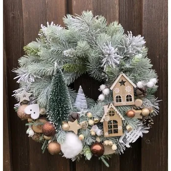 Věnec Svítící vánoční věnec na dveře s domečky 40 cm
