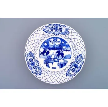 Talíř Cibulák Talíř výroční 2002 závěsný reliéfní 18 cm , originální cibulákový porcelán Dubí , cibulový vzor,